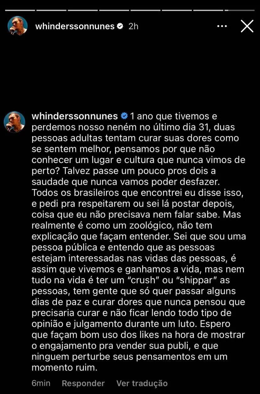 Desabafo de Whindersson Nunes nos Stories do Instagram.