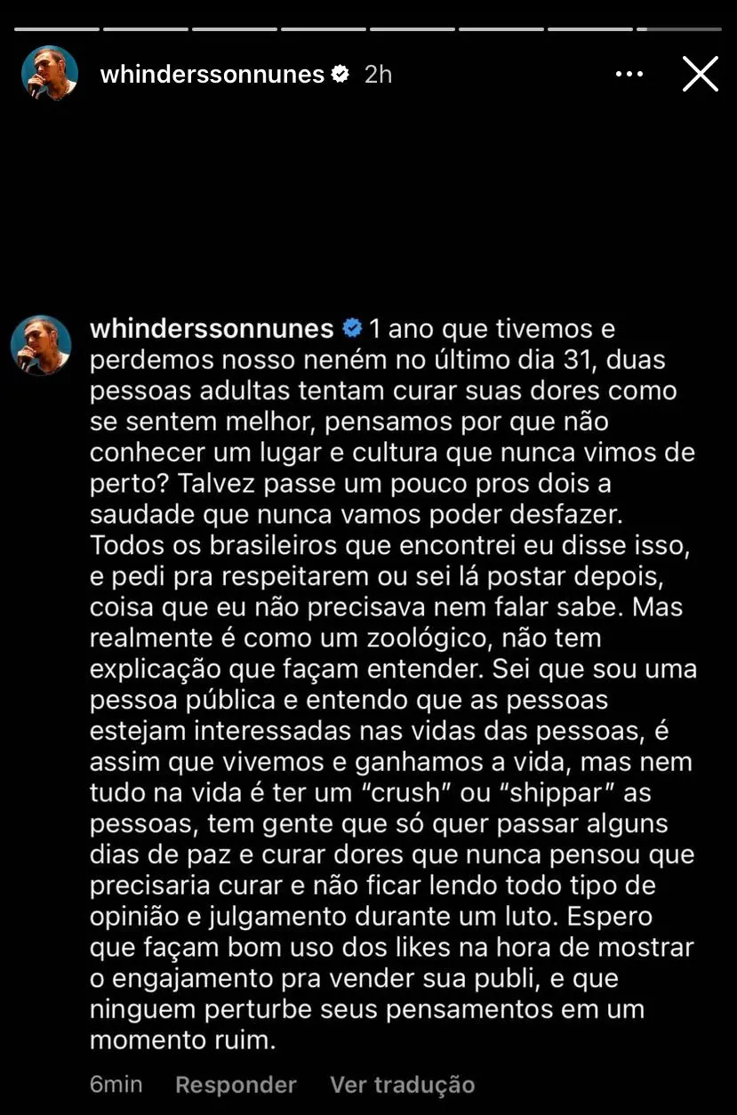 Desabafo de Whindersson Nunes no Instagram.