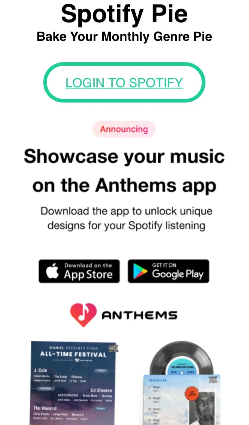 A primeira tela do 'Spotify Pie' pede para que você faça login no serviço de streaming.