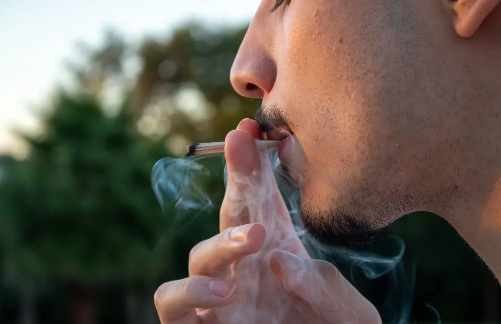 Homem fumando um cigarro. Só aparece metade do rosto dele. Ele tem cavanhaque e bigode.