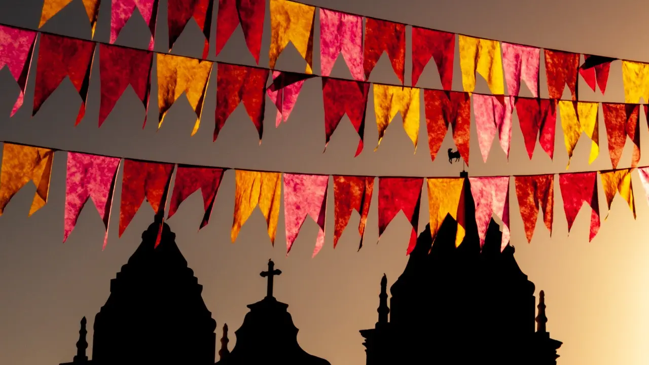 Imagem de uma igreja com bandeirinhas de São João