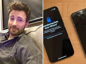 Ator Chris Evans sorrindo em uma imagem e a segunda com o celular antigo