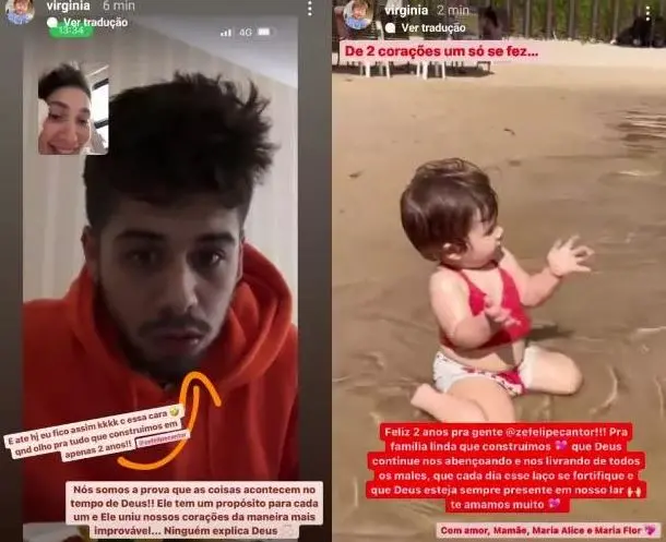 Imagens dos stories de Instagram que Virgínia postou para comemorar 2 anos juntos