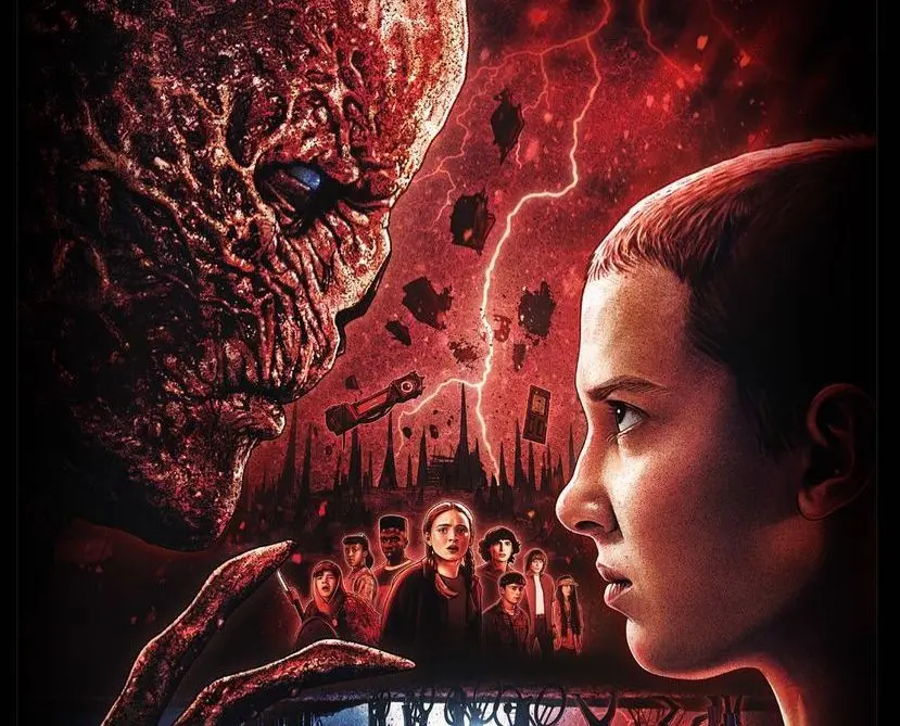 Imagem promocional da Netflix mostra o vilão Vecna de frente para a protagonista Eleven. Os dois estão sérios.