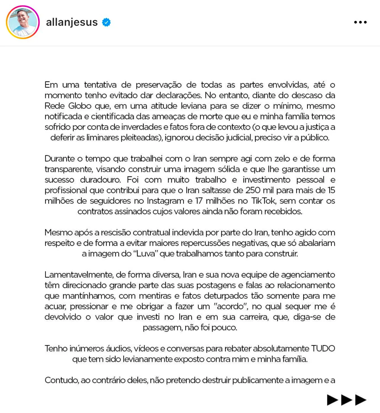 Allan Jesus lança nota oficial após reportagem do Fantástico.
