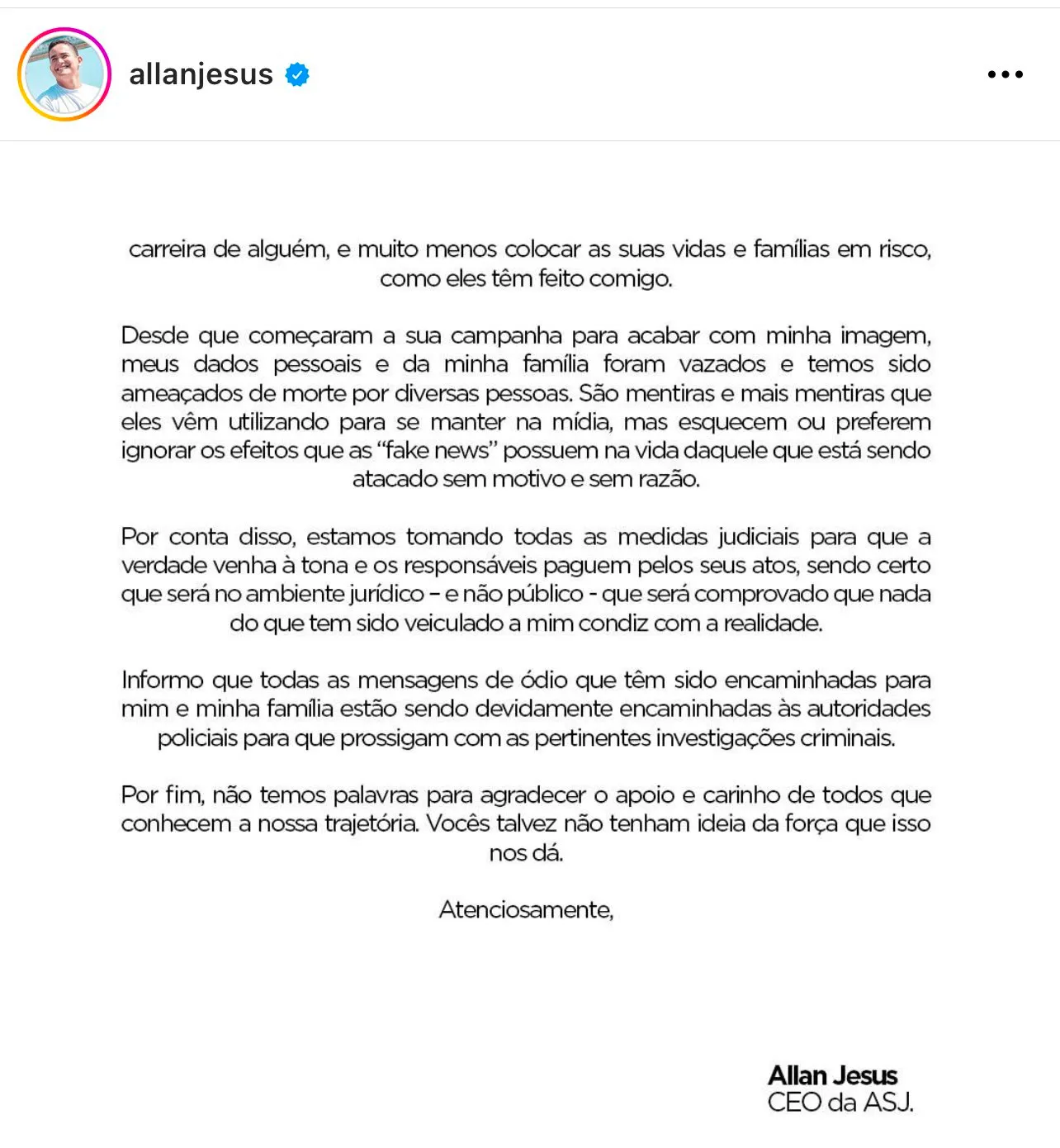 Allan Jesus lança nota oficial após reportagem do Fantástico.