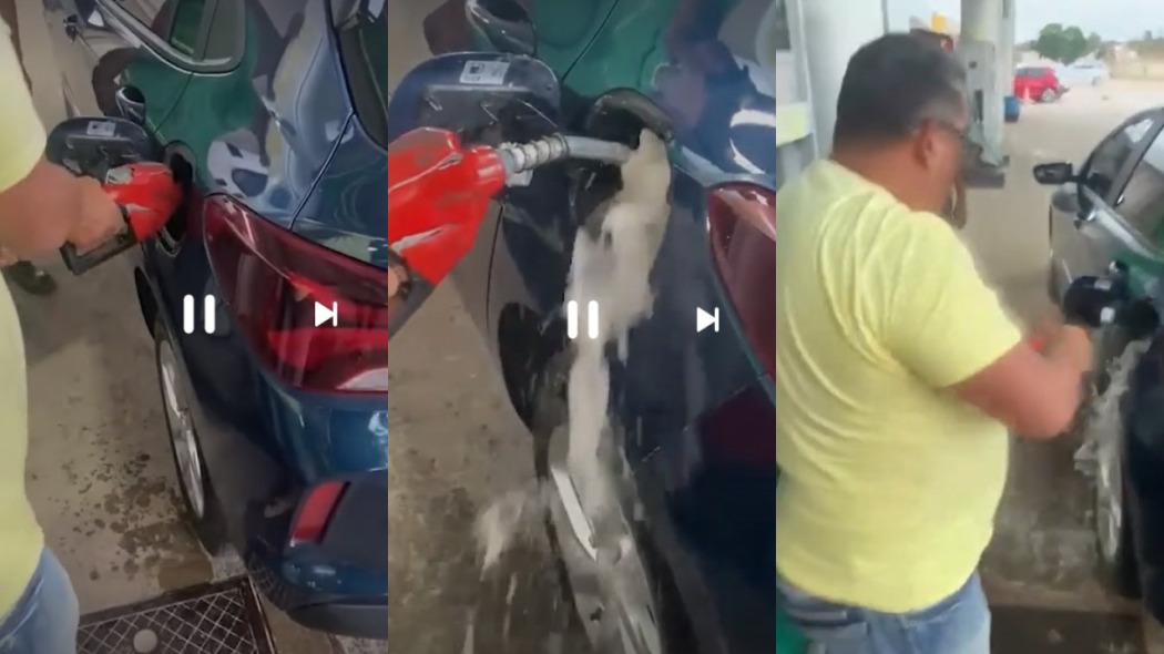 Montagem mostra homem derramando gasolina em posto de combustível.