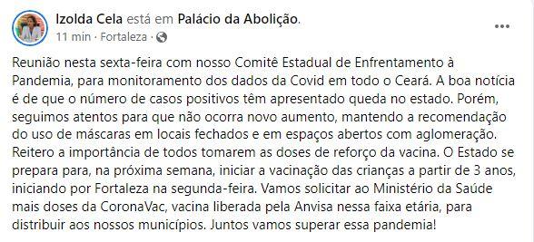 Post da governadora Izolda Cela no facebook