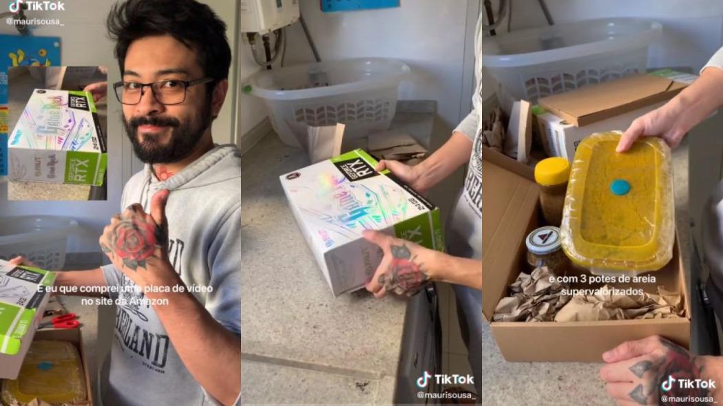 sequência de três momentos de vídeo em que Maurício Takeda e Sousa mostra caixa em que estavam potes com areia