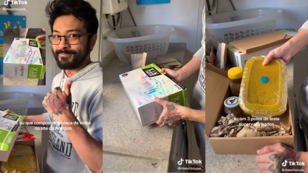 sequência de três momentos de vídeo em que Maurício Takeda e Sousa mostra caixa em que estavam potes com areia