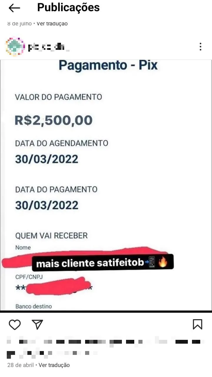 Para convencer as vítimas, as páginas publicam supostos comprovantes de transferência
