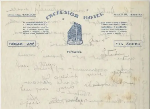 Carta escrita por Amelia Earhart a Mugs, em 5 de junho de 1937, em papel timbrado do Hotel Excelsior