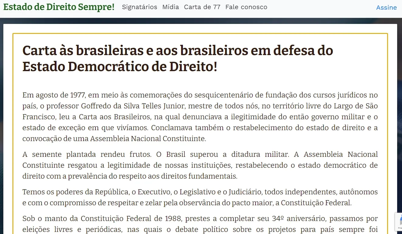 Carta publicada pela Faculdade de Direito da USP.