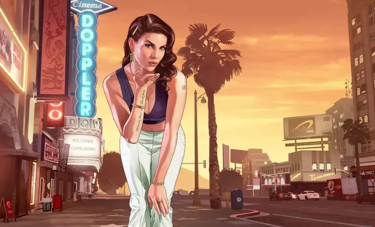 Banner do jogo GTA em que aparece uma mulher