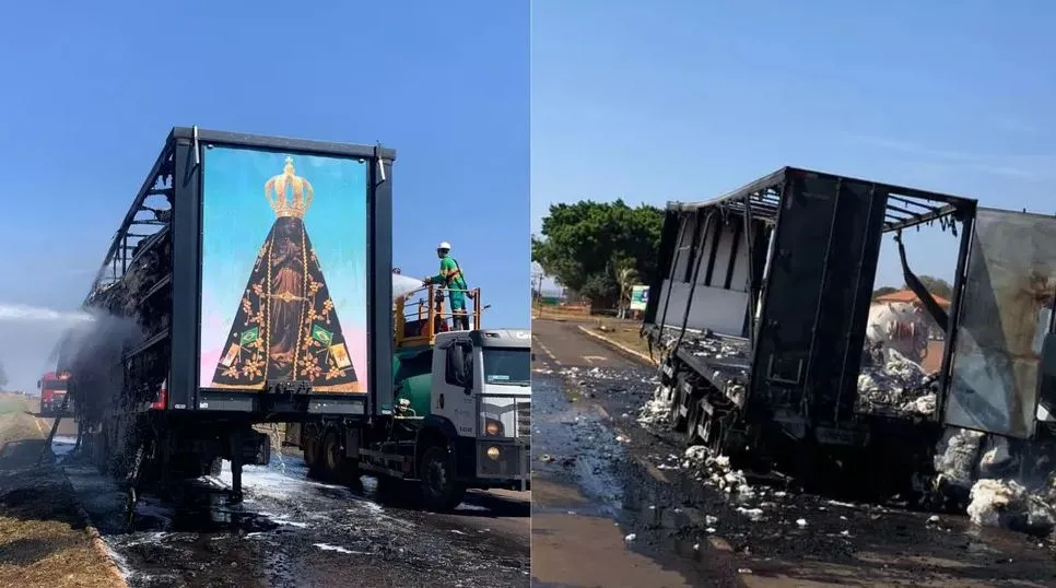 O incêndio consumiu parte da carga da carreta, mas a cabine, também chamada de cavalo mecânico, não sofreu danos