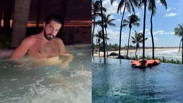 Montagem de fotos mostra empresário indiciado por importunação sexual em piscina infinita de hotel luxuoso no Ceará.