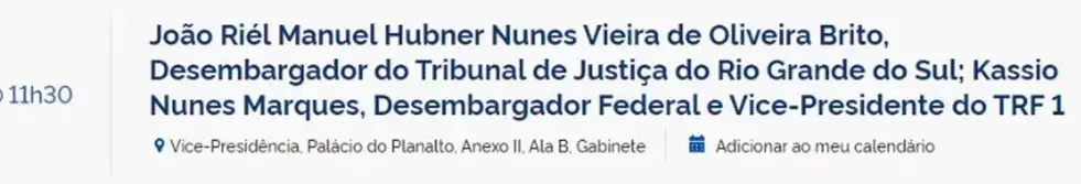 Print mostra que nome de João Riél é creditado como desembargador na agenda oficial de Mourão em 2019