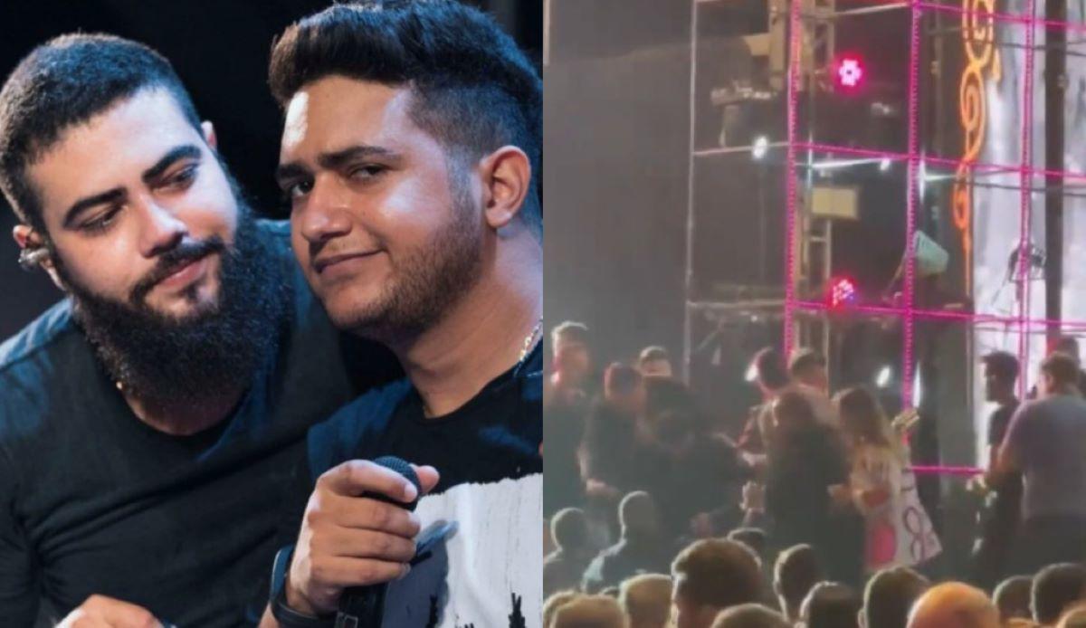 montagem de foto dos cantores henrique e juliano e da plateia onde houve uma briga no show deles