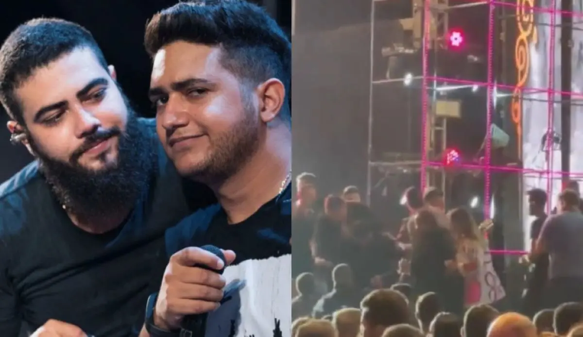 montagem de foto dos cantores henrique e juliano e da plateia onde houve uma briga no show deles