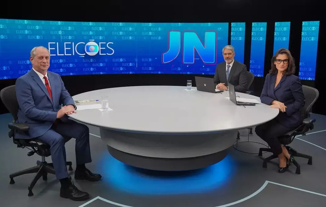 Ciro Gomes no estúdio do Jornal Nacional com William Bonner e Renata Vasconcellos