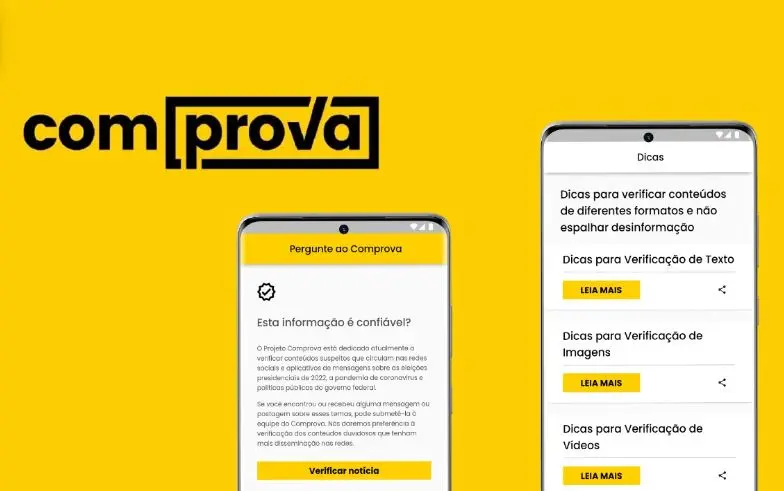 tela amarela com montagem de telas de aplicativo e a marca do site comprova