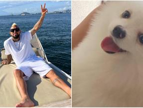 Montagem de fotos mostra o jogador Vidal à esquerda, posando em uma lancha, e o cachorrinho Pascual, branco, à direita.
