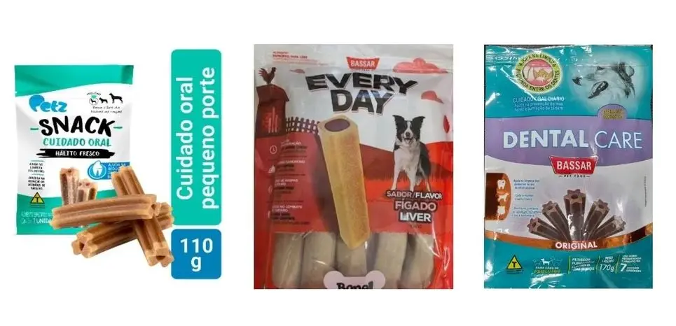 petiscos contaminados Dental Care, Every Day e Petz Snack Cuidado Oral