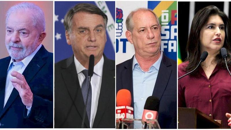 Candidatos Lula (PT), Jair Bolsonaro (PL), Ciro Gomes (PDT) e Simone Tebet (MDB)