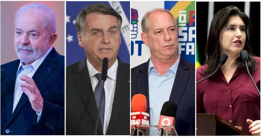 Candidatos Lula (PT), Jair Bolsonaro (PL), Ciro Gomes (PDT) e Simone Tebet (MDB)