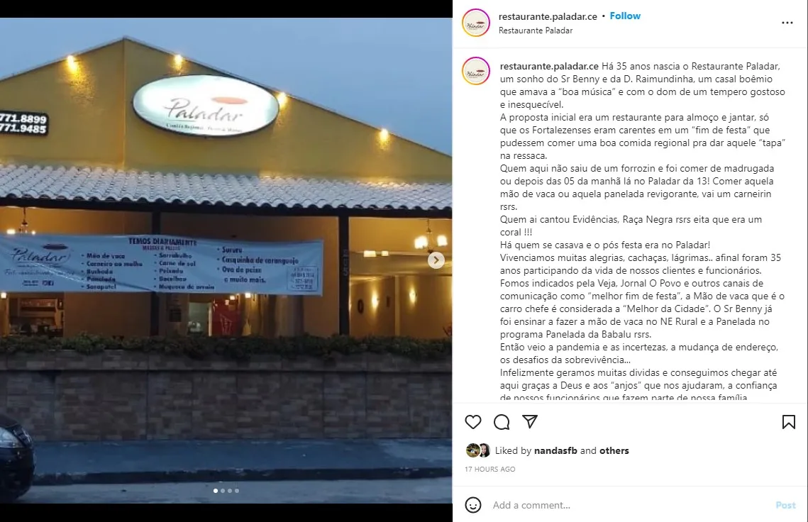 Restaurante anuncia fechamento da unidade física