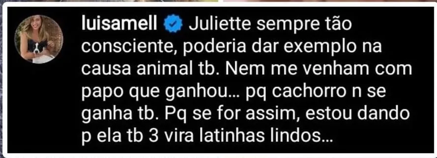 Luísa Mell critica Juliette por ganhar cachorros de raça