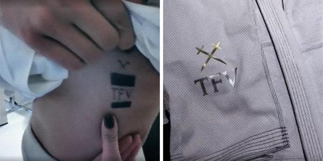 Montagem mostra mulher exibindo tatuagem com iniciais de Thiago Brennand ao lado de brasão que estampa roupas de academia do empresário