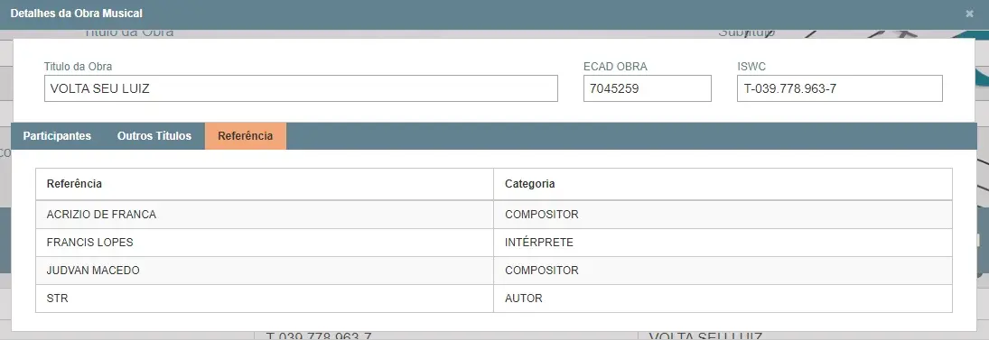 Registro da música 'Volta, Seu Luiz' no Socinpro.