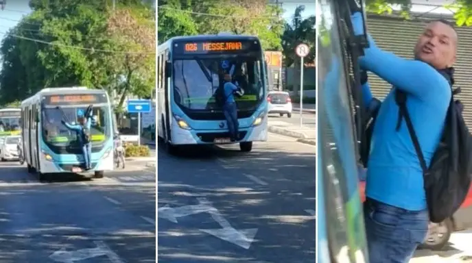 Motoboy ficou pendurado em ônibus