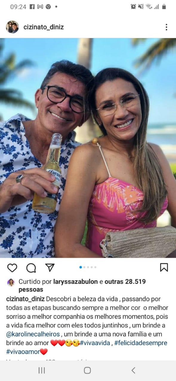 Cizinato Diniz e Ana Maria Diniz, pais de Gabriel e ex-sogros de Karoline, estiveram presentes no casamento e fizeram postagem parabenizando o casal