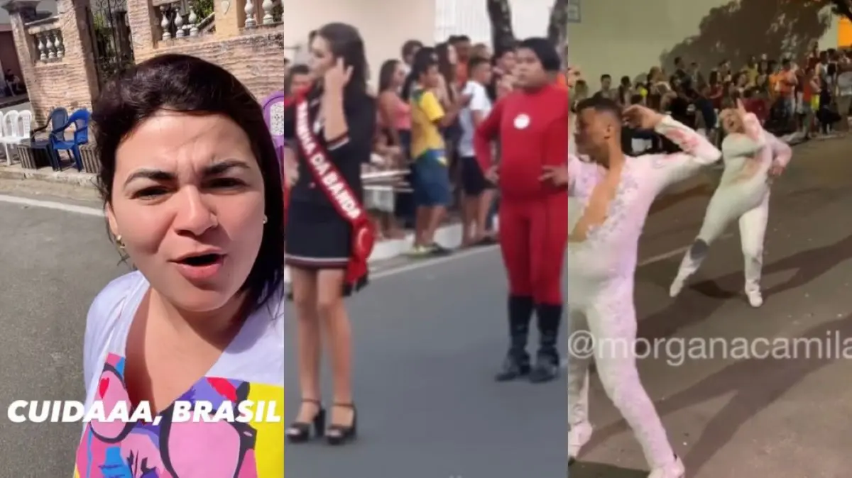 Montagem de fotos de Morgana Camila e do desfile de Maranguape