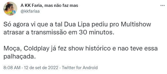 Usuário comenta sobre show da Dua Lipa no Rock in Rio