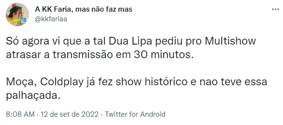Usuário comenta sobre show da Dua Lipa no Rock in Rio