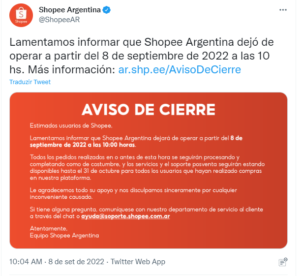 Print do Twitter da Shoppe da Argentina anunciando o fim das operações até 8 de setembro