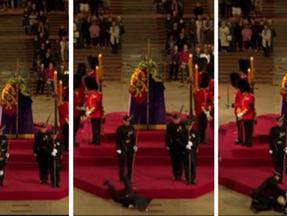 Montagem mostra sequência de imagens registrada do momento em que guarda cai do alto em funeral da rainha Elizabeth II