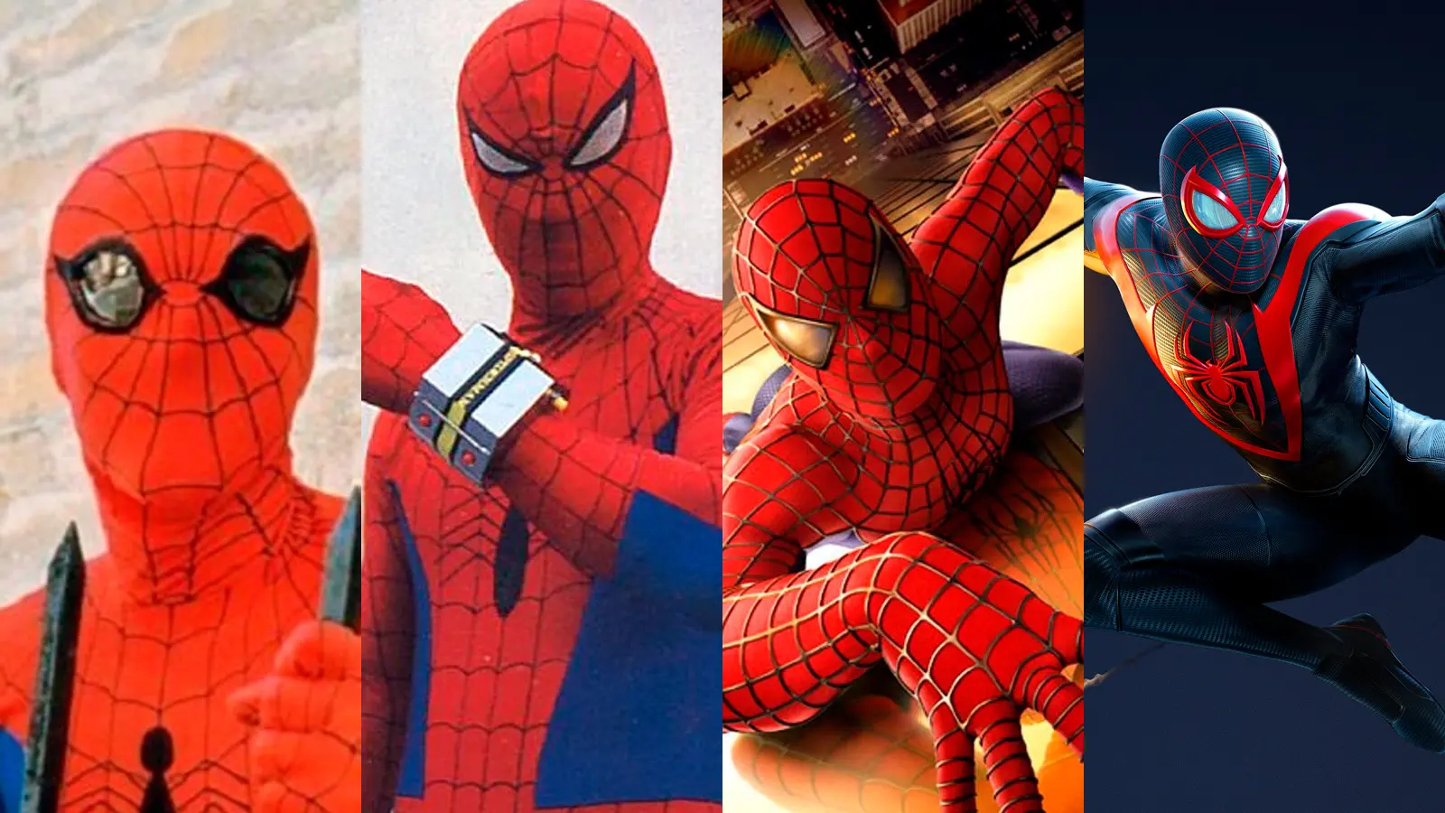 Quatro versões do herói: Nicholas Hammond (da série de TV dos  anos 1970), Shinji Tôdô (versão japonesa da Toei), Tobey Maguire (2002) e Nadji Peter (que faz a voz do personagem no game 