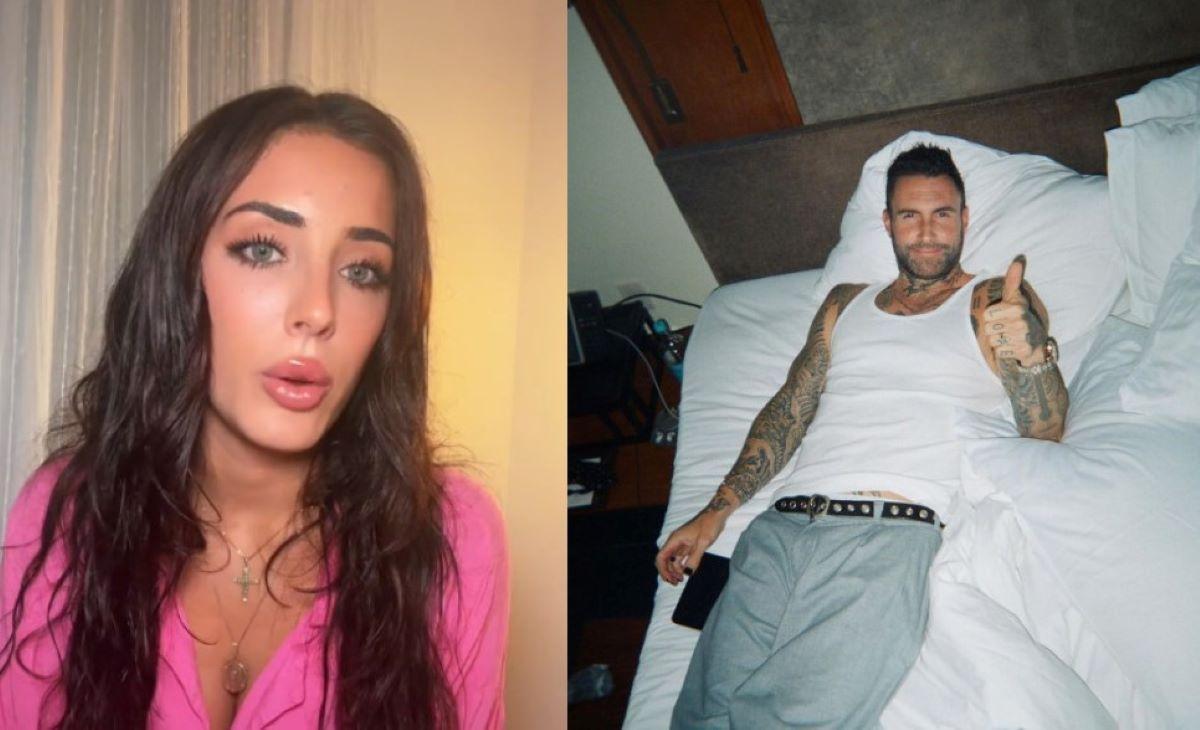 Print de vídeo em que modelo diz ter tido caso com adam levine ao lado de uma foto do cantor