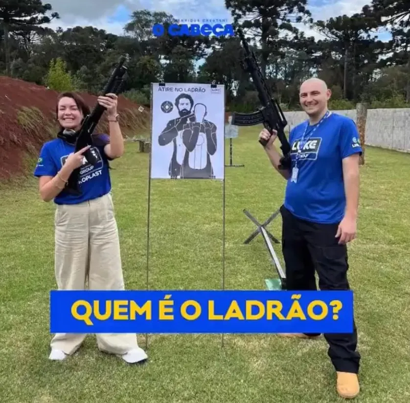 Luiz Henrique Crestani e a esposa em clube de tiro