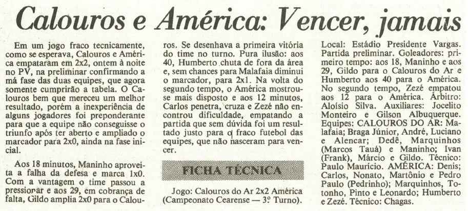 Duelo sem vencedores no Estádio Presidente Vargas