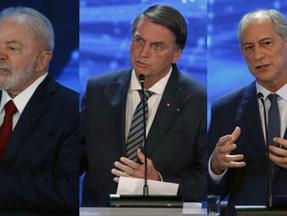 Montagem de fotos de Lula, Bolsonaro e Ciro Gomes durante debate presidencial
