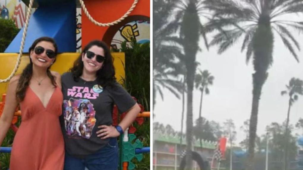 Cearense Lara (à direita) e sua amiga Lívia (à esquerda) na Disney e foto do tempo fechado e chuvoso com chegada do furacão Ian