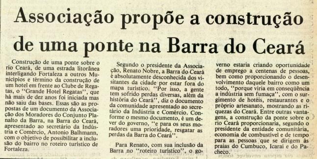 Associação de Moradores do Conjunto Beira Rio propõe construção de ponte, em outubro de 1991