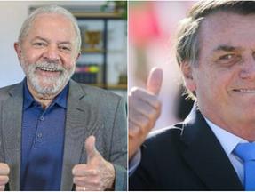 Montagem mostra Lula à esquerda e Bolsonaro à direita. Os dois estão fazendo joinha com o dedo