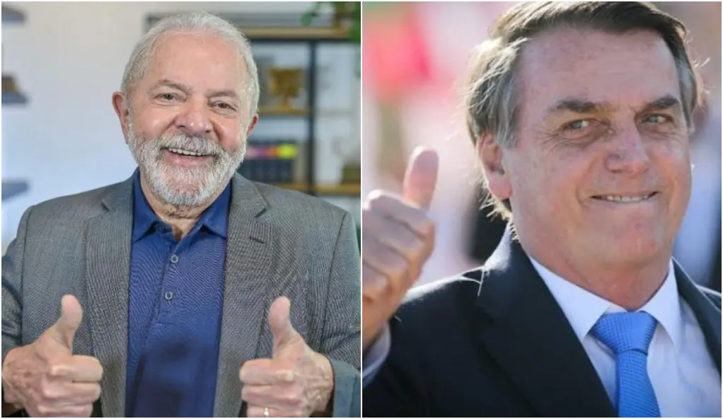Montagem mostra Lula à esquerda e Bolsonaro à direita. Os dois estão fazendo joinha com o dedo