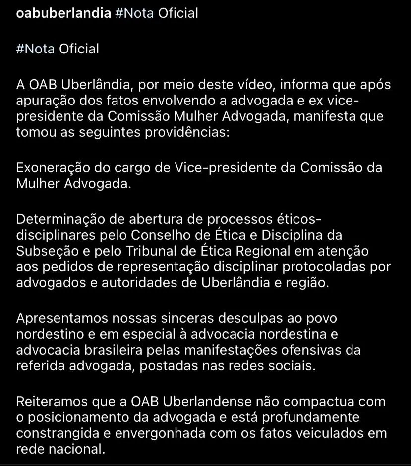 Nota da OAB em Uberlândia